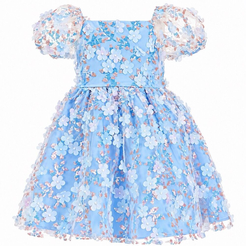 Rare Editions Girls 10 Light Blue 3D Floral Sequin Tulle Puff Sleeve Dress NWT